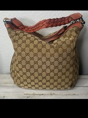 Gucci GG Canvas Bamboo Bar Hobo Bag Braided Strap Vintage